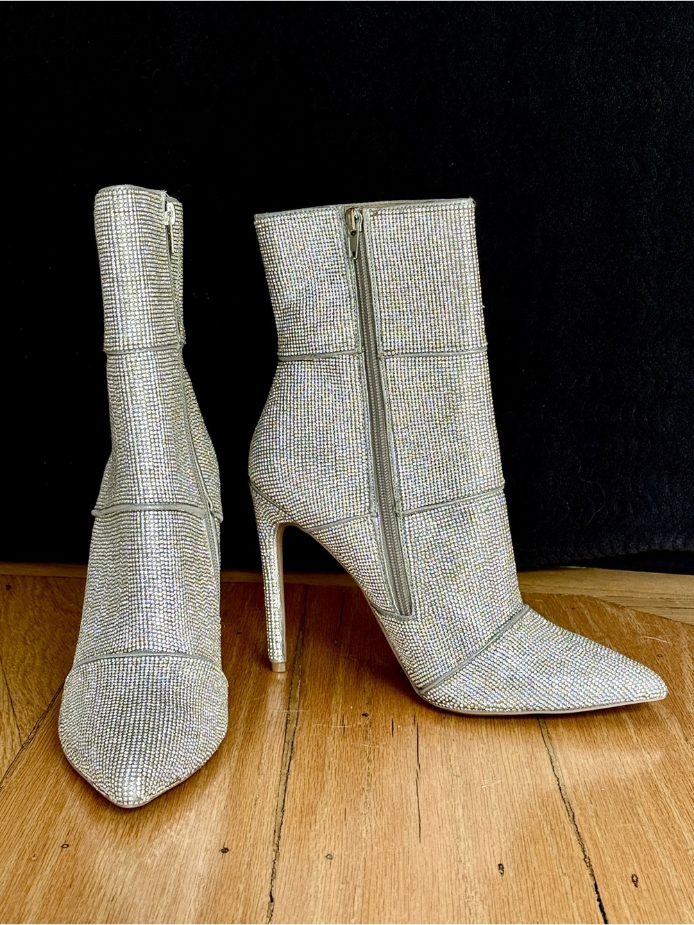 Steve Madden Silver Rhinestone Pointed Stiletto Ankle Boots
